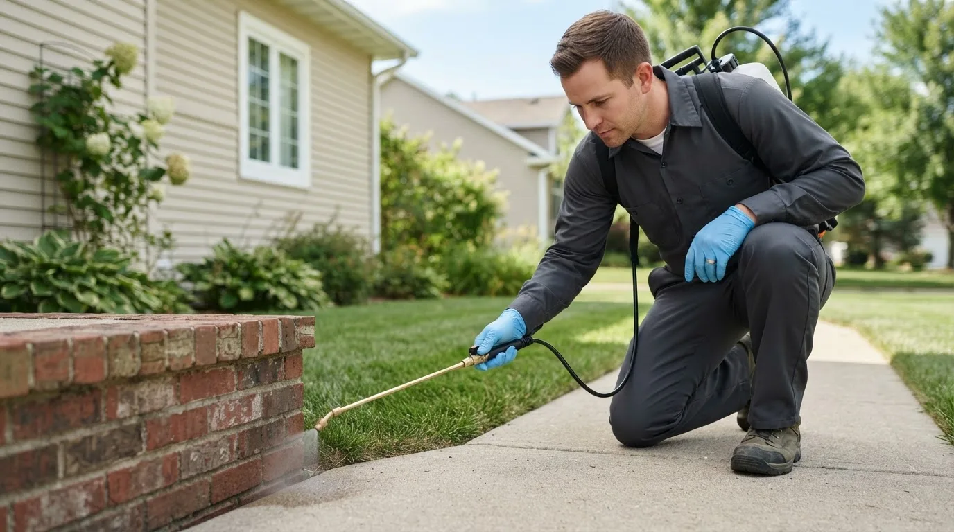 Pest control technician treating a home near Saint Ignace, MI